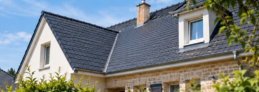 Maison avec toiture rénovée par un couvreur